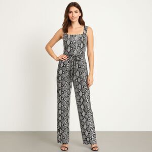 Haute Monde Jumpsuit w/ Belt Black White Snakeskin Print Strappy NWT Size L